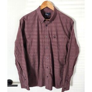 Fred Perry Button Down Mens Size Large Gingham Check Shirt Red Logo